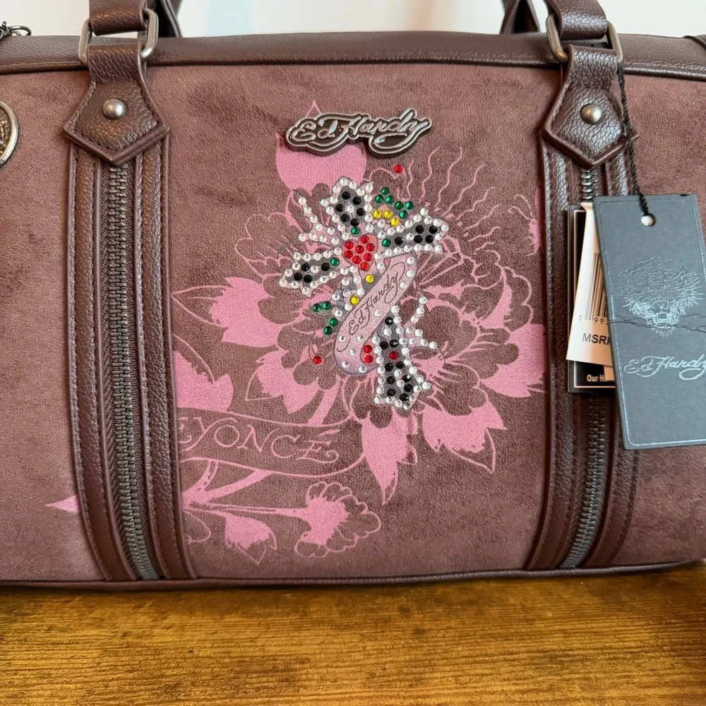 New Ed Hardy Beyoncé Brown Pink Satchel Crossbody Handbag Y2K Gothic Cross